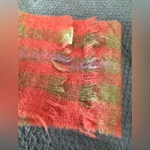 Mohair and wool coral, moss green with a bit of purple scarf made in Scotland